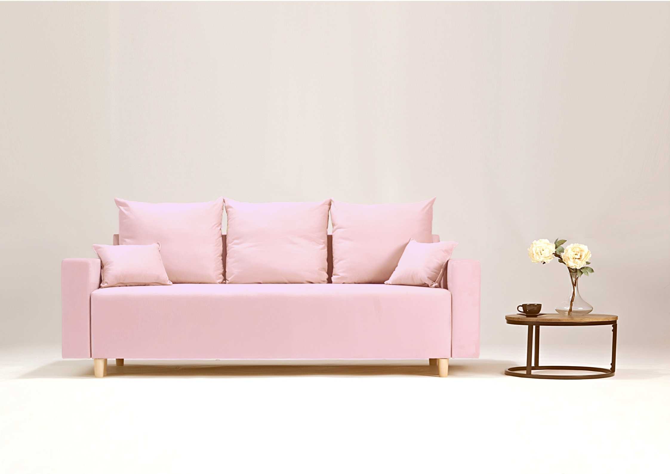 Różowa skandynawska sofa rozkładana 